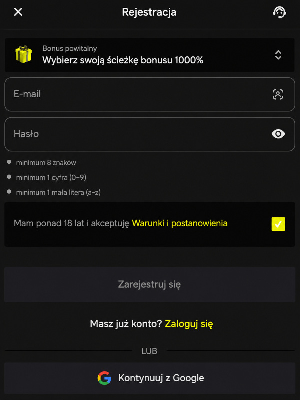 Rejestracja nowego konta na stronie Parimatch